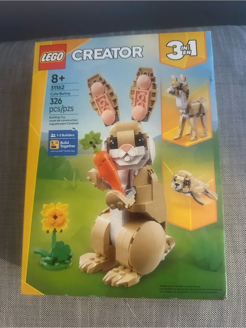 Lego Tan and White Bunny with Orange Carrot and Yellow Flower